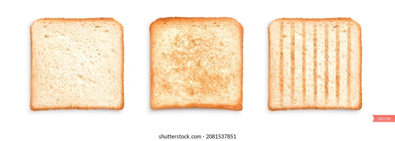 
Set of sliced roasted toasts bread isolated on white background. 
Pieces of lightly toasted white bread. Close-up of toast. Top view. 3D realistic vector set