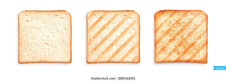 Set of sliced roasted toasts bread isolated on white background. 
Pieces of lightly toasted white bread. Close-up of toast. Top view. 3D realistic vector set