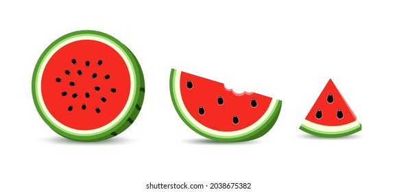 Set of sliced slices of ripe red watermelon. Half, part and triangular piece of watermelon. Vector illustration sliced.