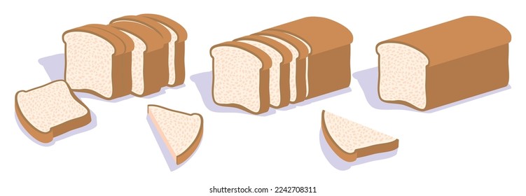 Set of sliced toast bread Vector illustrations on white background. Bakery products in cartoon style. 