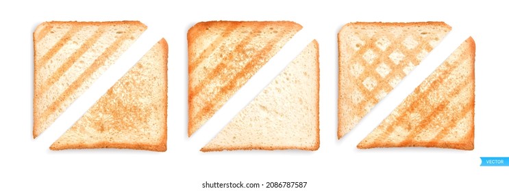 Set of sliced triangular roasted toasts bread isolated on white background.
Pieces of lightly toasted white bread. Close-up of toast. Top view. Realistic vector set