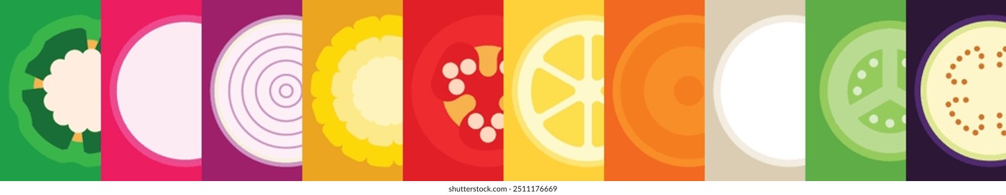 A set of Sliced vegetables, Cross section of Bell Pepper, Corn, Radish, Red Onion, Hot pepper, Lemon, Carrot, Daikon, White radish, Cucumber, Eggplant, simple flat vector illustration.