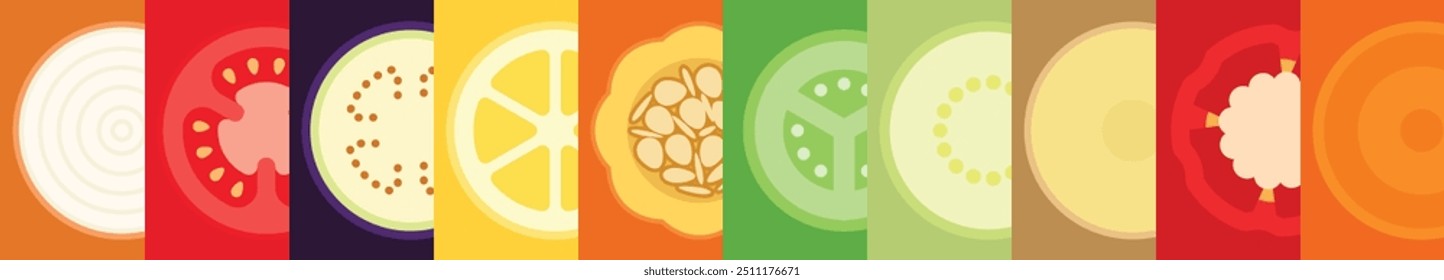 Um conjunto de legumes fatiados, seção transversal de cebola amarela, cebola doce, tomate, berinjela, limão, abóbora, pepino, abobrinha, batatas Russet, pimenta Bell, cenoura, ilustração simples vetor plana.