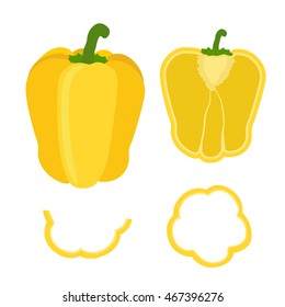Set of sliced yellow bell pepper. Rings, half and quarter of pepper in flat vector style.
