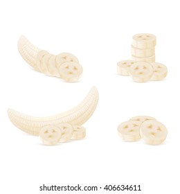 Set slices of bananas isolated on white background. Realistic vector illustration.