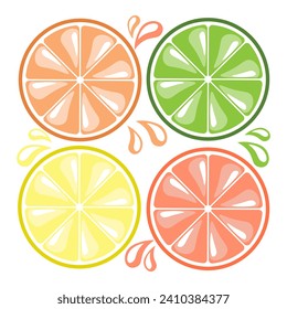 Set, slices of citrus lemons, oranges, grapefruits and limes with juice drops. Decor elements, icons, vector
