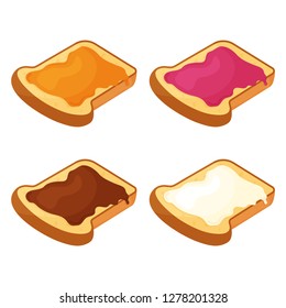 Set of slices of fried bread, toast with honey, jam, chocolate and butter. Vector illustration