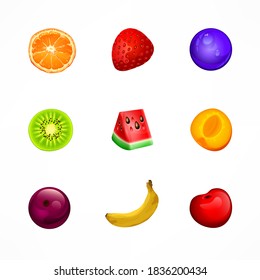 Set of slices of fruits on white, vector illustration for design