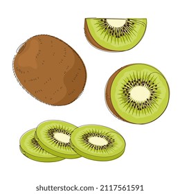 Set aus Scheiben grünes Kiwi einzeln auf Weiß. Flaches Design-Illustration