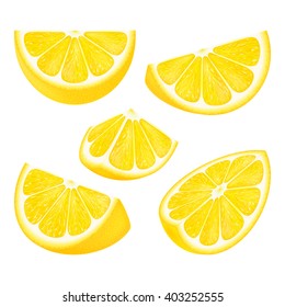 Set slices of lemon isolated on white background. Realistic vector illustration.