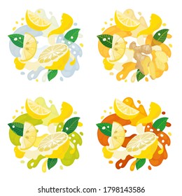 Set Of Slices Of Lemon On Abstract Background. Lemons, Zest, Ginger, Honey And Tea. Vector Illustration