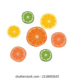 Set of slices of lemon, orange, lime, tangerine. Vector illustration of tropical citrus fruit halves isolated on a white background.
