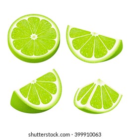 Set slices of lime isolated on white background. Realistic vector illustration.