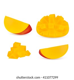 Set slices of mangoes isolated on white background. Realistic vector illustration.