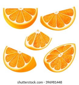 Set slices of orange fruit isolated on white background. Realistic vector illustration.