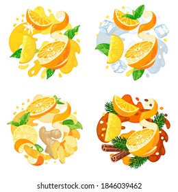 Set of slices of orange on abstract background. Oranges, lemon, mint, ginger, cinnamon for tea, lemonade, coffee or chocolate. Vector illustration.