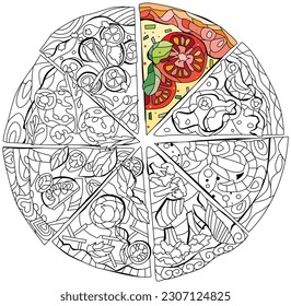 Set of slices of pizza, decorative zentangle vector illustration for coloring. Color and outline set