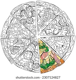 Set of slices of pizza, decorative zentangle vector illustration for coloring. Color and outline set