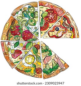 Conjunto de rodajas de pizza, ilustración decorativa del vector de zentángulo