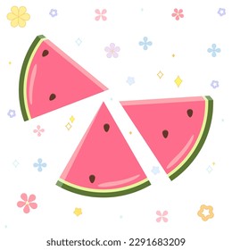A set of slices of ripe red sweet watermelon in a cartoon style on a background of cute kawaii stars and flowers, children's elements for the design of wrappers, wallpapers, cards
