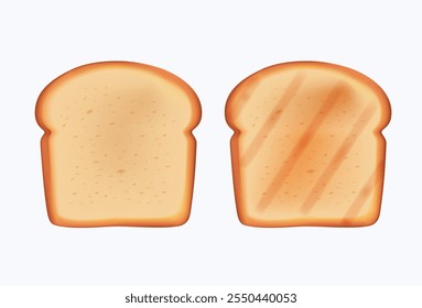 Set of slices toast bread 3D illustration isolated on white background. Toast Bread slices, Pieces of lightly toasted white bread. Round yeasted, sourdough bread. 3D Vector realistic cartoon icon