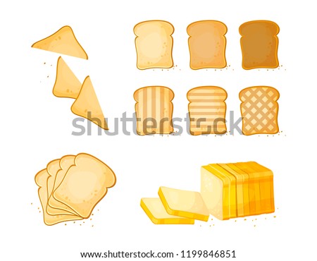 Set of slices toast bread icons. Vector illustration isolated on a white background. Bakery product in cartoon style. Baguette, loaf, white bread
