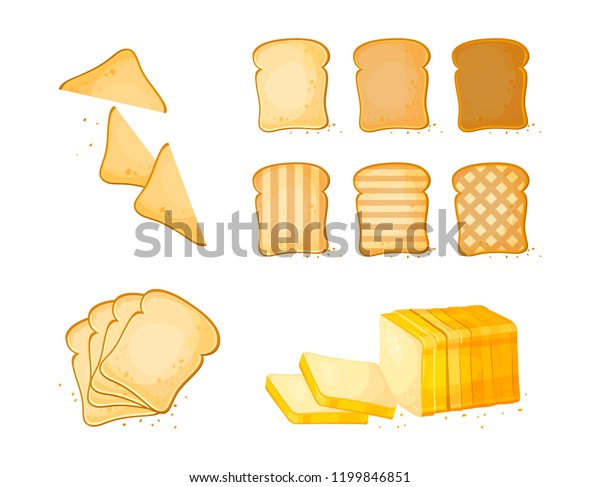 スライストーストパンのアイコンのセット 白い背景にベクターイラスト 漫画風のベーカリー製品 バゲット ローフ 白パン のベクター画像素材 ロイヤリティ フリー