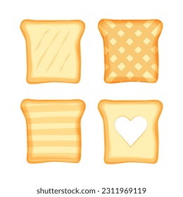 Set of slices toast bread. Tasty healthy breakfast. Delicious open sandwich mockup. Vector illustration isolated on white background.