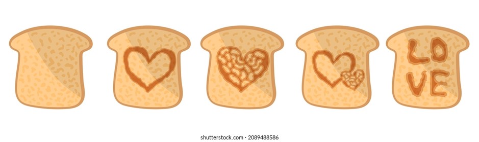 Set of slices toasted bread in different form. Bakery product in cartoon style.  Vector illustration isolated on a white background.