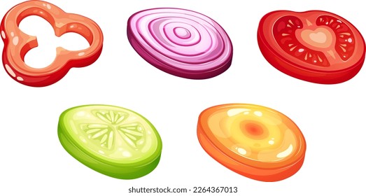 Set of slices of vegetables for salad. Sliced peppers, red onion, tomato, cucumber and carrot