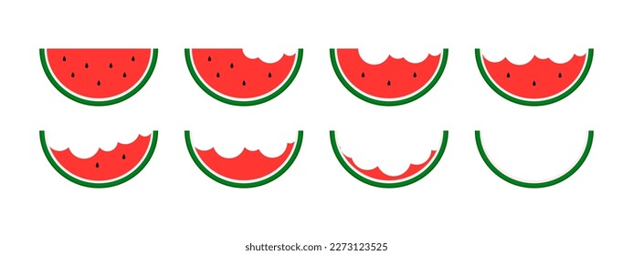 Set of slices of watermelon icons from whole piece before rind on background. Vector illustration