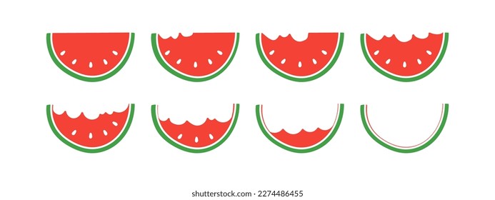 Set of slices of watermelon icons from whole piece before rind on background. Vector illustration