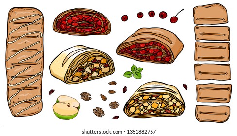 set slices and whole strudel with apples or cherry isolated on white background 