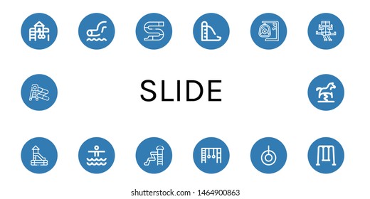 Set of slide icons such as Playground, Waterpark, Slide, Swing, Monkey bars, Water slide, Spring swing horse ,