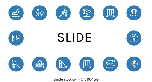 Set of slide icons such as Waterpark, Water slide, Spring swing rocket, Swing, Slide, Playground, Slippery road, Monkey bars, Water park ,