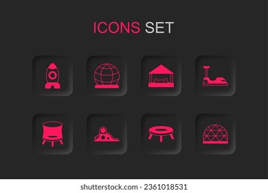 Set Slide playground, Playground climbing equipment, Rocket ship toy, Jumping trampoline, Bumper car, Sandbox with sand and  icon. Vector