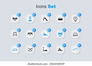 Set Slide playground, Jumping trampoline, Rocket ship toy, Monkey bar, Sport horizontal, Playground climbing equipment, Swing car and  icon. Vector