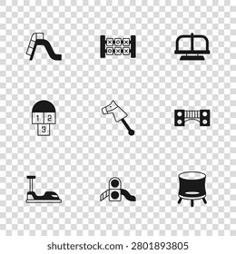 Set Slide playground, Playground kids bridge, Jumping trampoline, Toy horse, Attraction carousel, Education logic game and Hopscotch icon. Vector