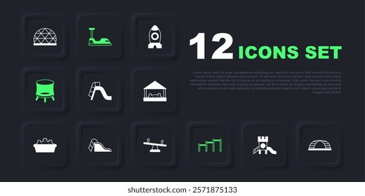 Set Slide playground, Monkey bar, Sport horizontal, Jumping trampoline, Bumper car and Seesaw icon. Vector
