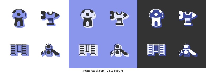 Set Slide playground, Mushroom house, Swedish wall and Swing plane icon. Vector