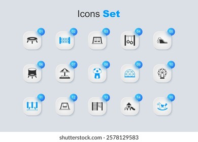 Set Slide playground, Sandbox with sand, Education logic game, Kid slide pipe, Horse in saddle swing, Ferris wheel, Jumping trampoline and Mushroom house icon. Vector