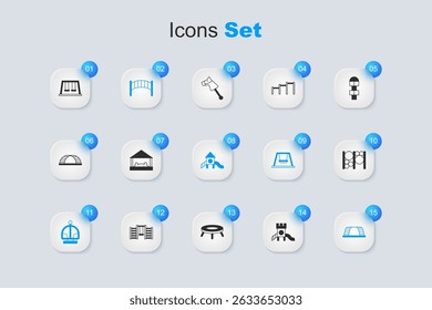 Set Slide patio de recreo, Sandbox con arena, parque infantil puente, carrusel de atracción, barra de mono, equipo de escalada, columpios para e icono. Vector