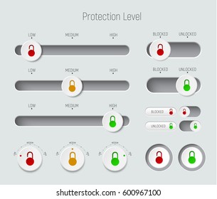 set of sliders, buttons and switches. Template for a white interface with padlocks for different levels of protection of information and passwords. Vector illustration