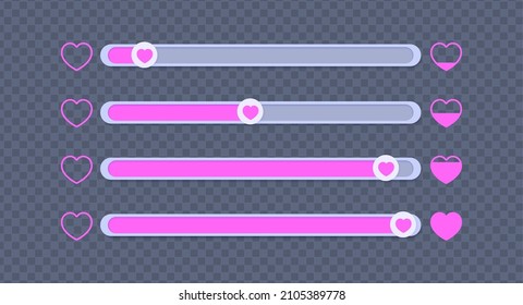 A set of sliders for determining the level of approval. Collection of movable buttons with pink hearts, appreciating lively like. Element template for head on social media, mobile app, feedback swipe