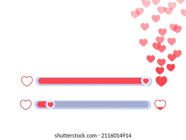 A set sliders for determining the level approval  Collection movable buttons and red hearts  appreciating lively like  Element template for head social media  mobile app  feedback swipe