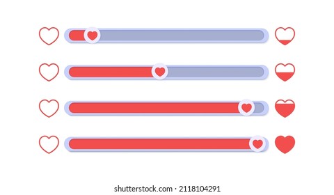 A set of sliders for determining the level of approval. Collection of movable buttons with red hearts, appreciating lively like. Element template for head on social media, mobile app, feedback swipe