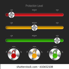 set of sliders and round buttons for different levels of protection. Templates for the interface or web site, applications with a fingerprint and padlock. Vector illustration