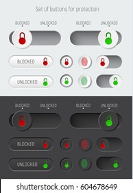 set of sliders and switches with a red and green padlock. Templates for the white and black interface of the site or application, the buttons for locking and unlocking. Vector illustration