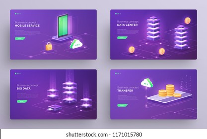 Set von Folien, Heldenseiten oder Bannern für digitale Technologien. Datenüberwachung, Cloud-Datenspeicherung, Webhosting, Serverraum, Online-Banking. Isometrische ultraviolette Vektorgrafiken