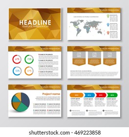 set of slides for a presentation with gold abstract polygonal background. Design for web, print, and reports with charts and infographics.